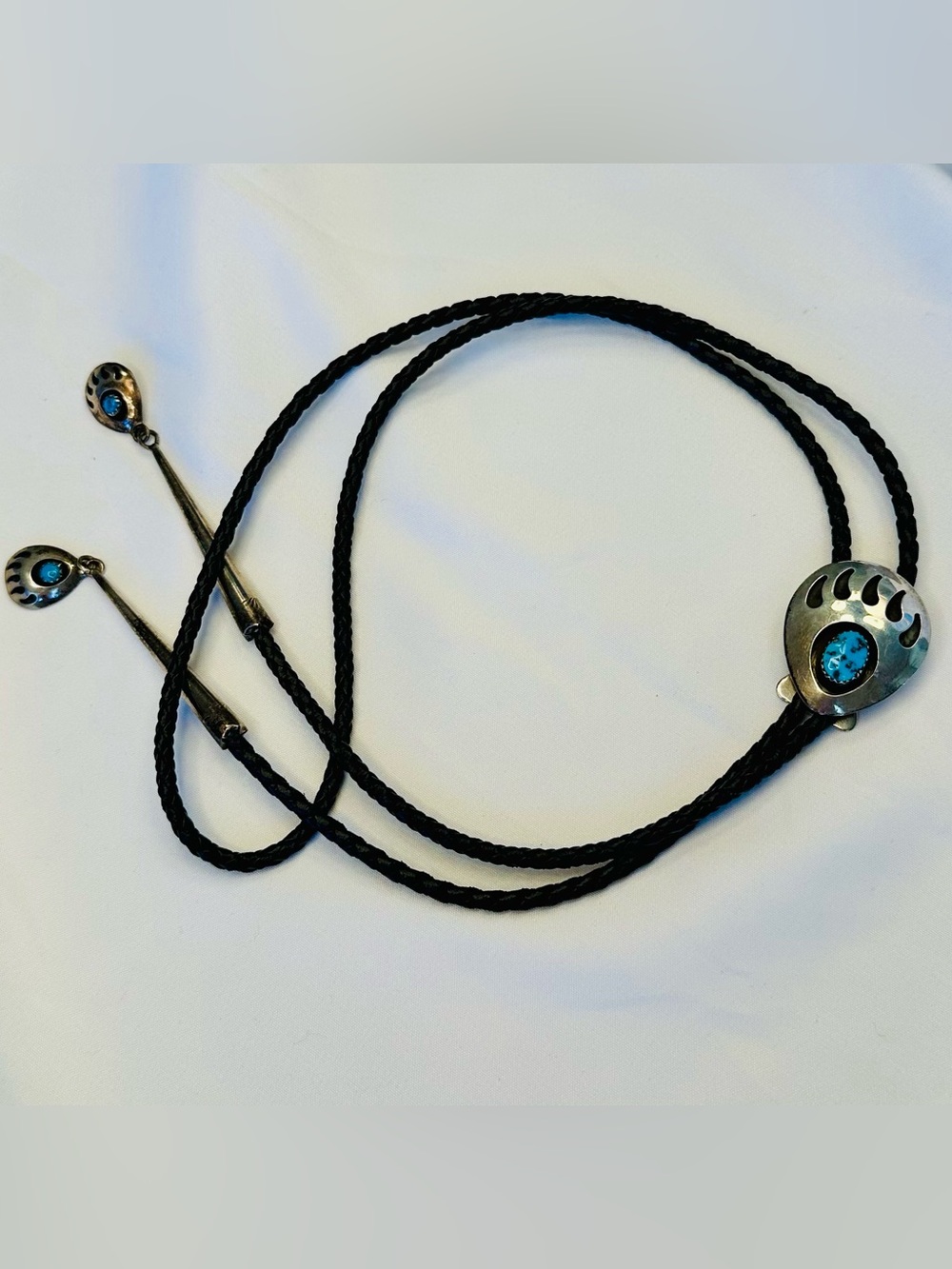 Vintage Hopi Sterling Silver Turquoise Bear Paw Bolo Tie